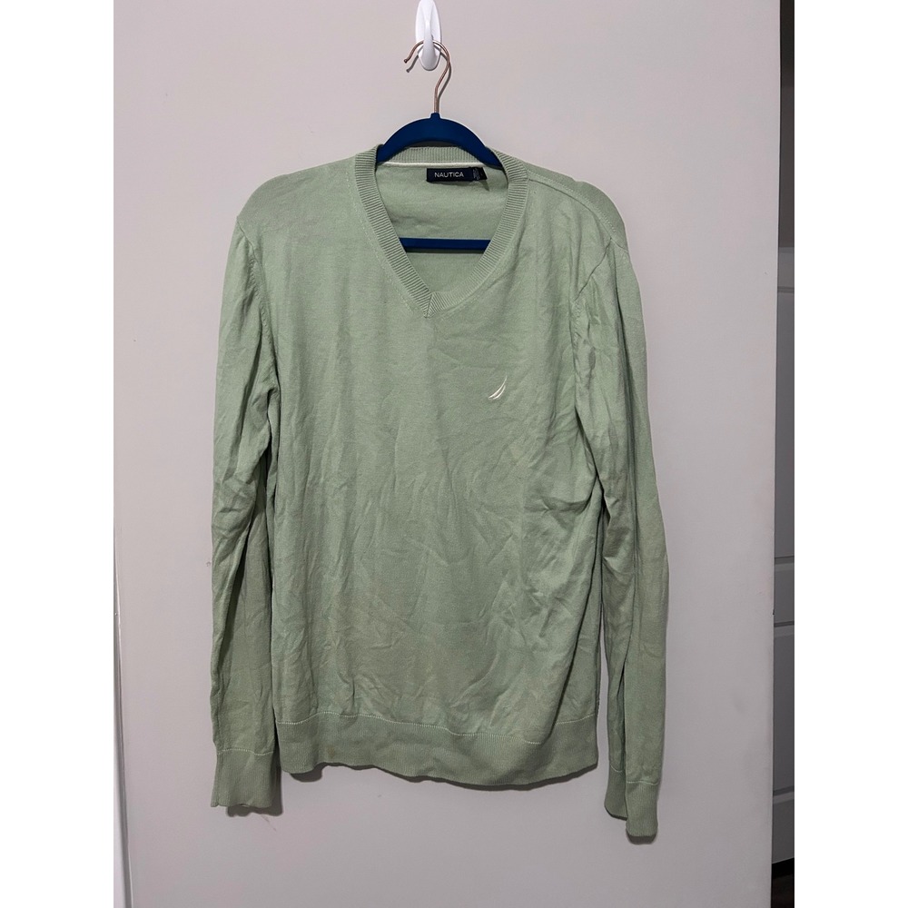 Nautica Mens Green V Neck Sweater Long Sleeve‎ Cotton Blend Casual Large